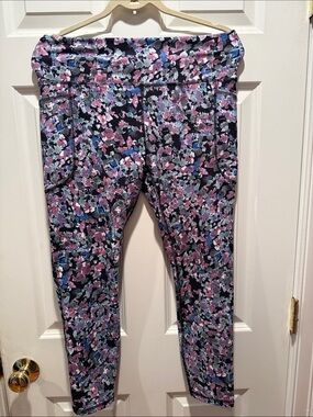 RBX Black Leggings with Pink & Blue Floral Print